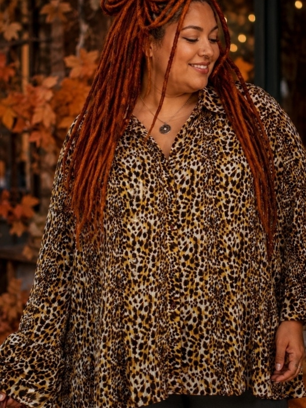 4/$15 Boho Chic Fall Picks Women's Plus Leopard  Button-Down Shirt Milano Sz 1X